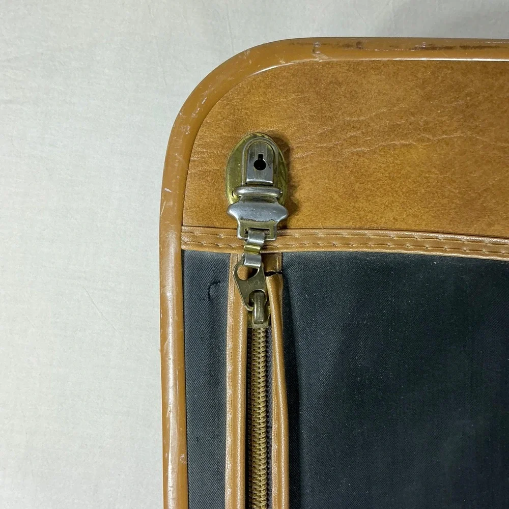 Vintage Monarch Suitcase Black Tan Stripe Damask Lined Retro Luggage Carry On